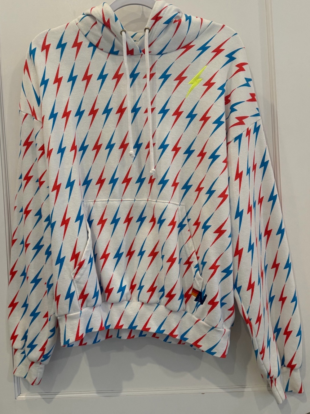Aviator Nation White Hoodie sweatshirt Red & Blue Lightning Bolts, size small